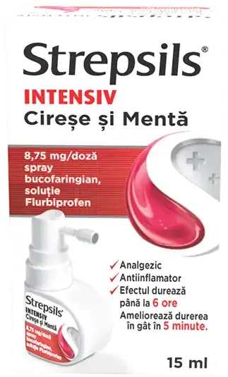 Strepsils Intensiv Cireșe și Mentă spray bucofaringian